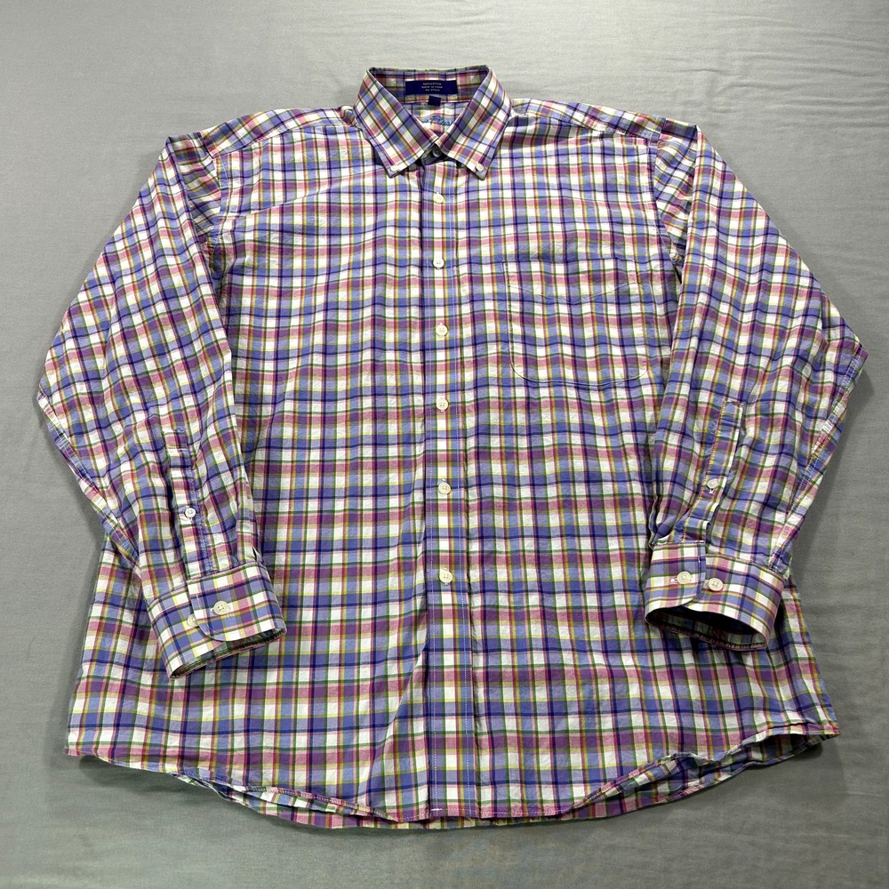 Alan Flusser Shirt Adult‎ Large Blue White Plaid Button Up Casual Mens